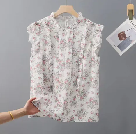 Sleeveless Ruffled Floral Women's Loose Sweet Chiffon Printed Top Milk White Flower - Shop at LoveMi