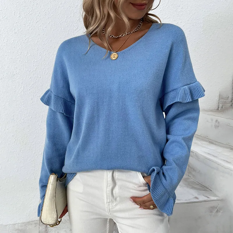 Solid Color And V-neck Petal Sleeve Sweater For Women - Blue