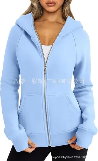 Women's Zipper Short Hood Fleece Lined Solid Color Hoodie Sweater Sky Blue - Shop at LoveMi