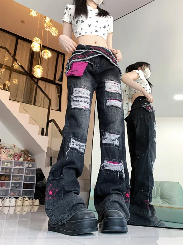 High Street Ripped Design Flared Denim Jeans With A Sleazy Chic Vibe Black - Shop at LoveMi