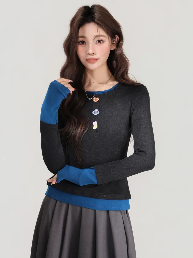 Design Sense Color block Round Neck Fake Two piece Long Sleeve T shirt Women Slim Fit Inner Wear Top Gray Plus Blue - Shop at LoveMi