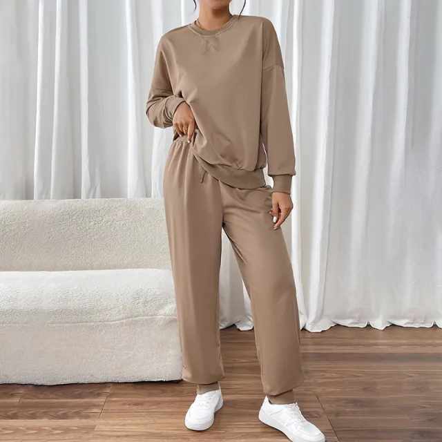 Autumn And Winter Solid Color Crew Neck Casual Sweater Two piece Set Coffee - Shop at LoveMi
