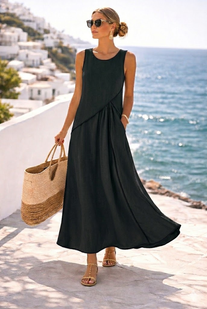 Mediterranean Contrast Color Vacation Dress in Black – bold color-block beach look