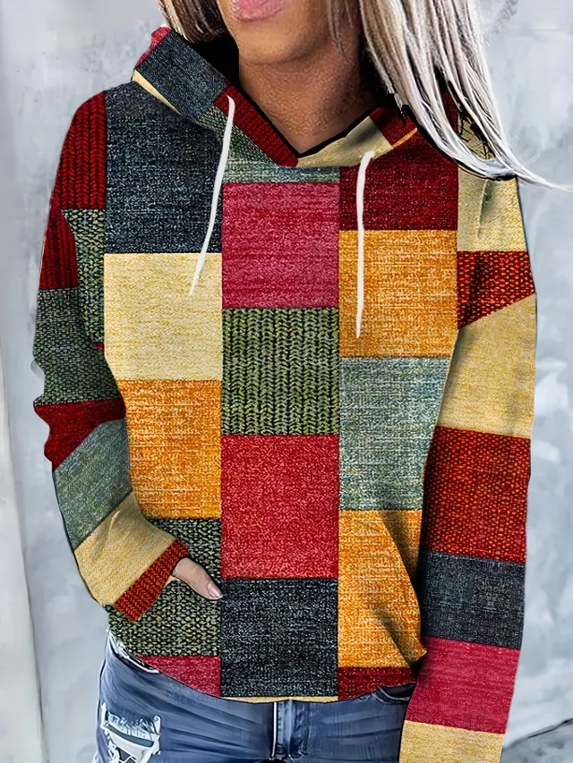 Vintage Plaid Hooded Sweatshirt Casual Drawstring 4Color - Shop at LoveMi