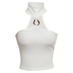 Women's Solid Colour Slim Fit Crop Top With Halter Neck - White - View 1