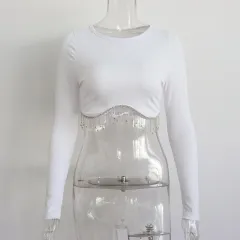 Round Neck Long Sleeve Sexy Rhinestones Body Shaping Slim-fit Navel Women's T-shirt - White - View 1