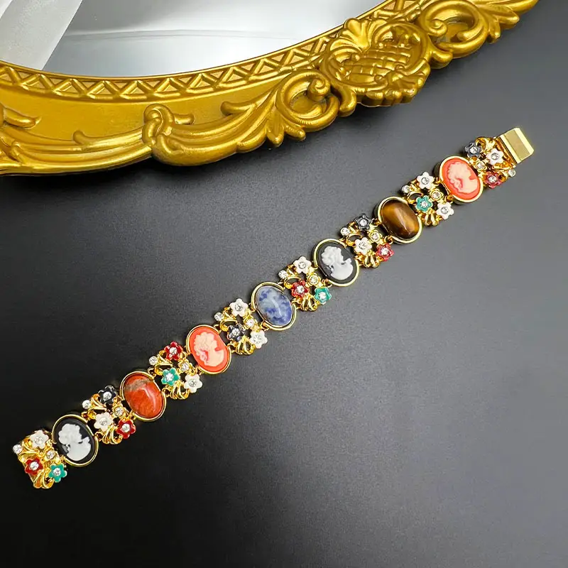 Vintage Camio Embossed Cat's Eye Gem Enamel Women's Bracelet