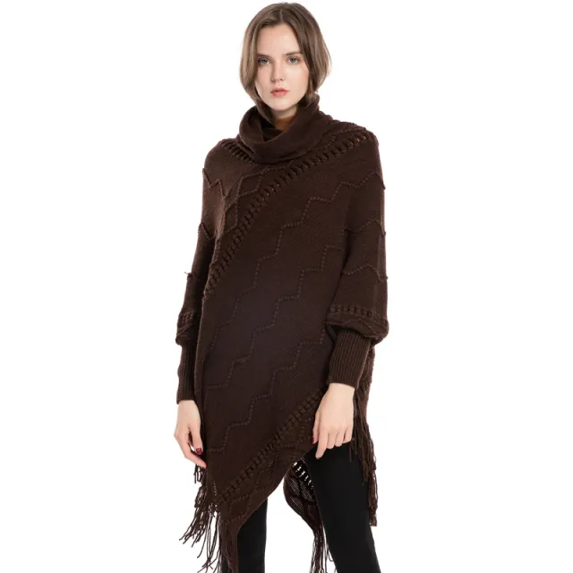 Acrylic Fringed Sweater High Collar Warm Sleeve Pullover Cloak Coffee - Shop at LoveMi