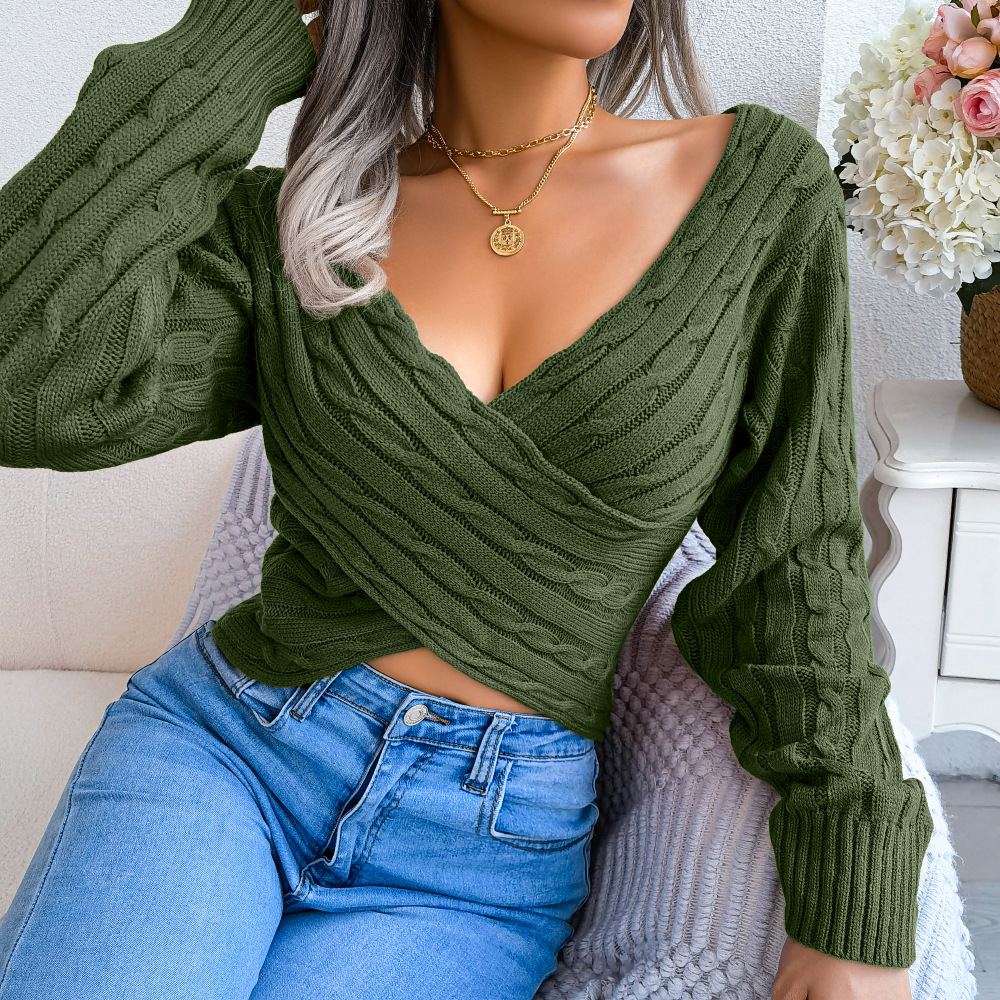 Cross V neck Twist Long Sleeves Cropped Sweaters Women's Clothing Army Green - Shop at LoveMi
