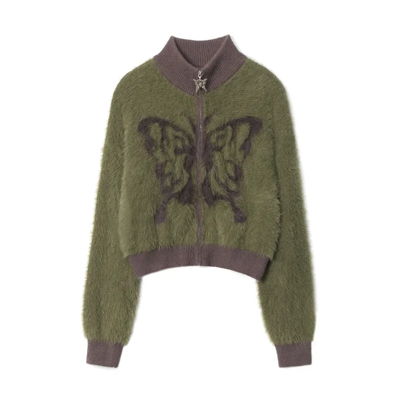 Mohair Stand Collar Cardigan Autumn And Winter Butterfly Embroidery Zipper Sweater - Army Green