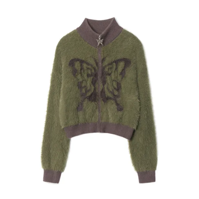 Mohair Stand Collar Cardigan Autumn And Winter Butterfly Embroidery Zipper Sweater Army Green - Shop at LoveMi