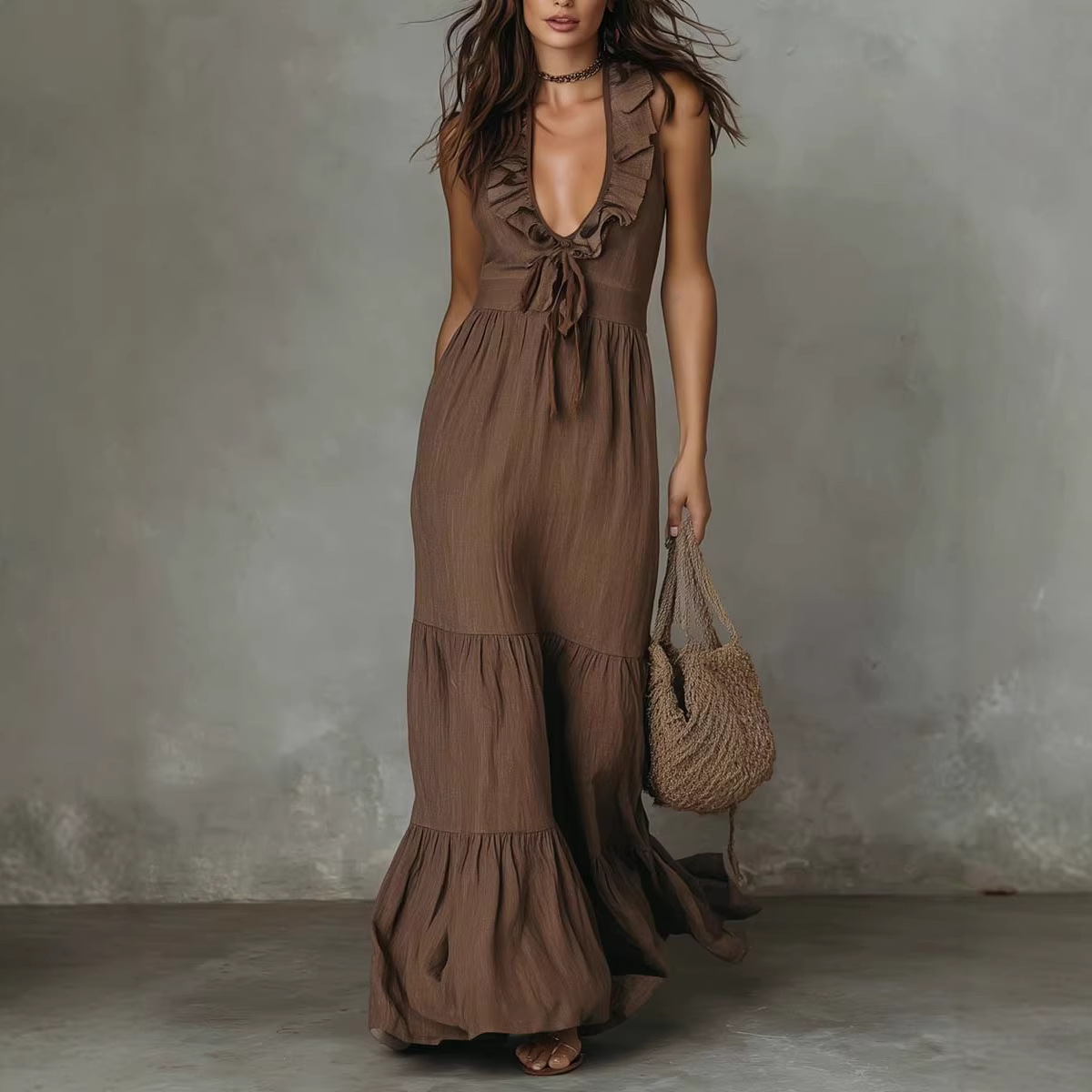 Sleeveless Cotton-Linen V-Neck Maxi Dress