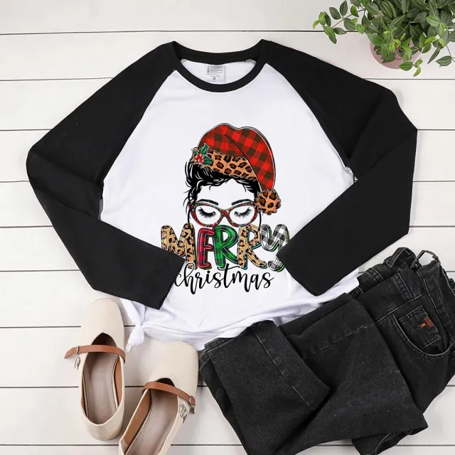 Raglan Long Sleeve Christmas Glasses Print Black - Shop at LoveMi