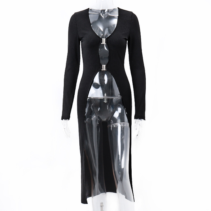 V-neck Low-cut Metal Buckle Cardigan Dress Hot Girl