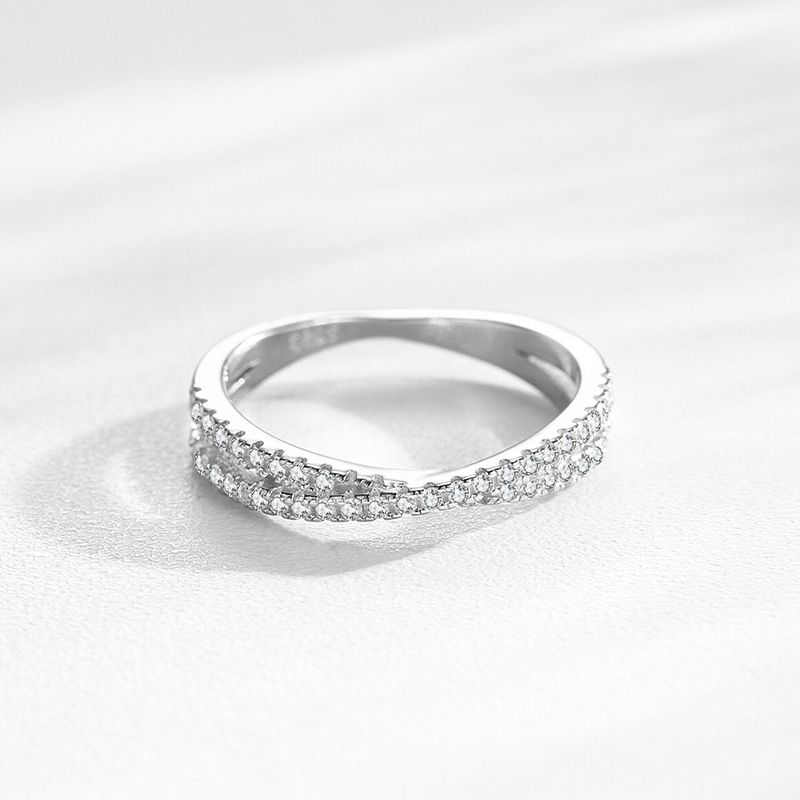 Small Silver Cross Line Micro Rhinestone Ring