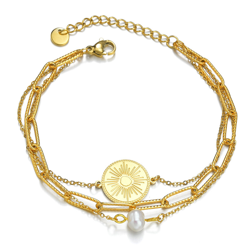 Titanium Steel 18K Gold Three-layer Dark Pattern Round Pearl Bracelet Ornament