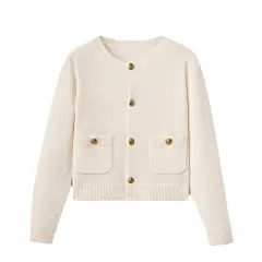 Women's Classic Style Gold Buckle Knitted Polyester Sweater Cardigan - Creamy White - View 1