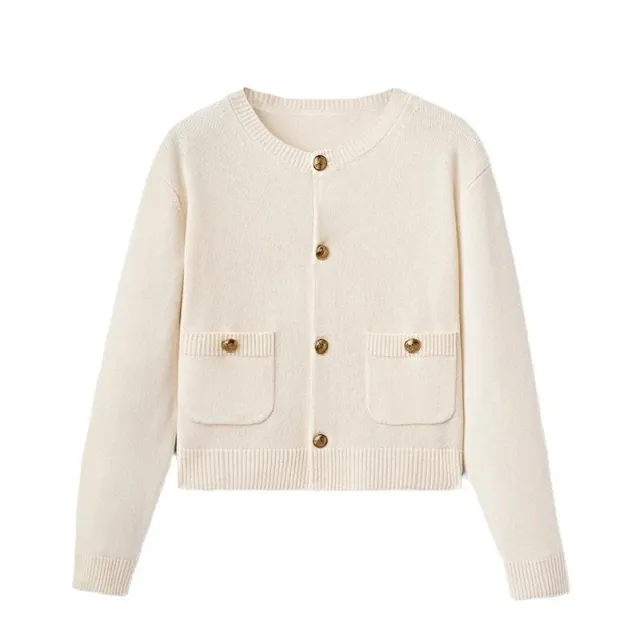 Women's Classic Style Gold Buckle Knitted Polyester Sweater Cardigan Creamy White - Shop at LoveMi