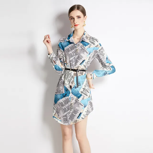 Top Lapel Shirt Printed Long Blue - Shop at LoveMi