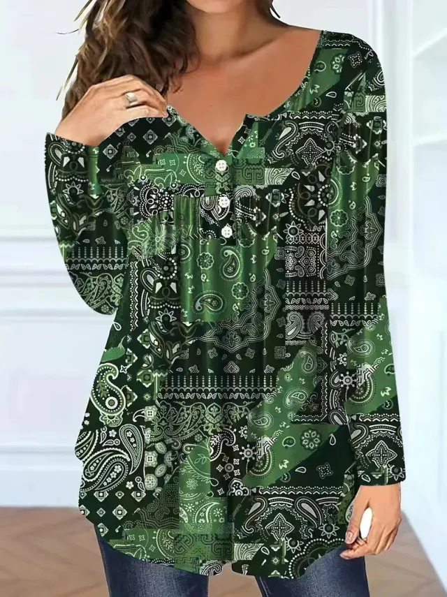 Loose fit Buttoned V neck Top Women's T shirt Green - Shop at LoveMi
