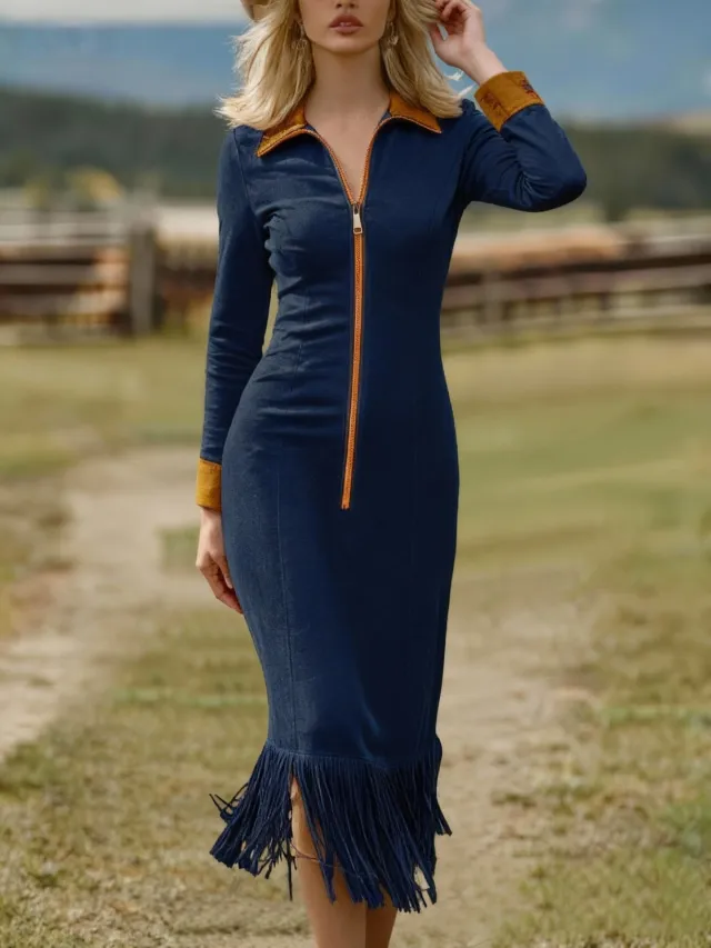 Faux Deerskin Velvet Contrast color Long sleeve Slim fit Dress Blue - Shop at LoveMi