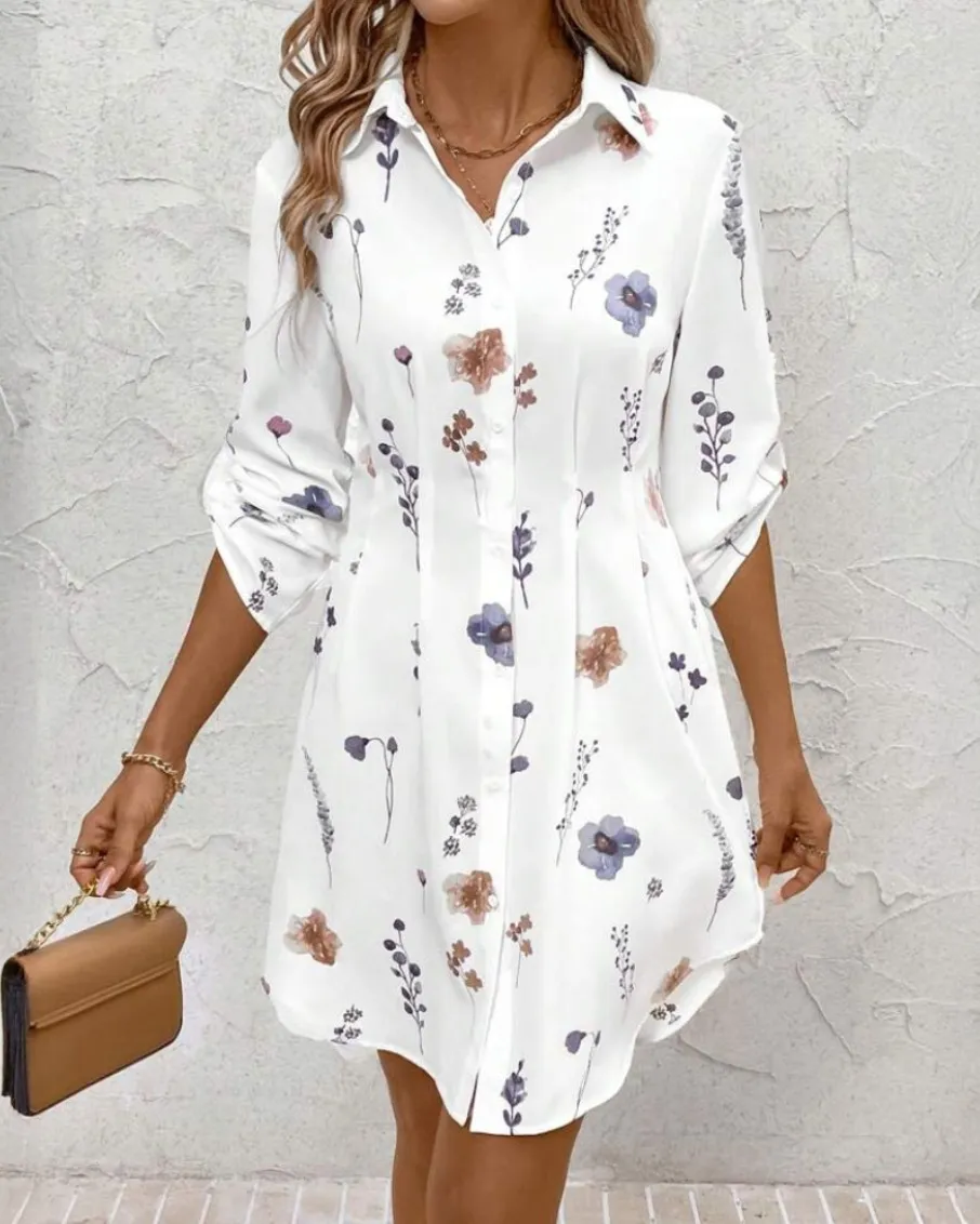 Elegant Floral Printing Lapel Long Sleeve Dress - White