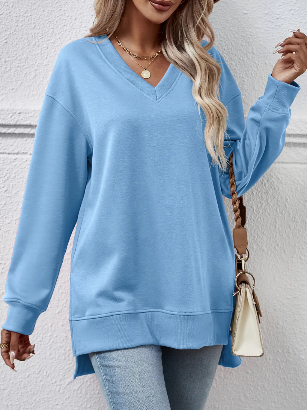 Solid Color And V-neck Split Front Short Back Long Sweater - Blue
