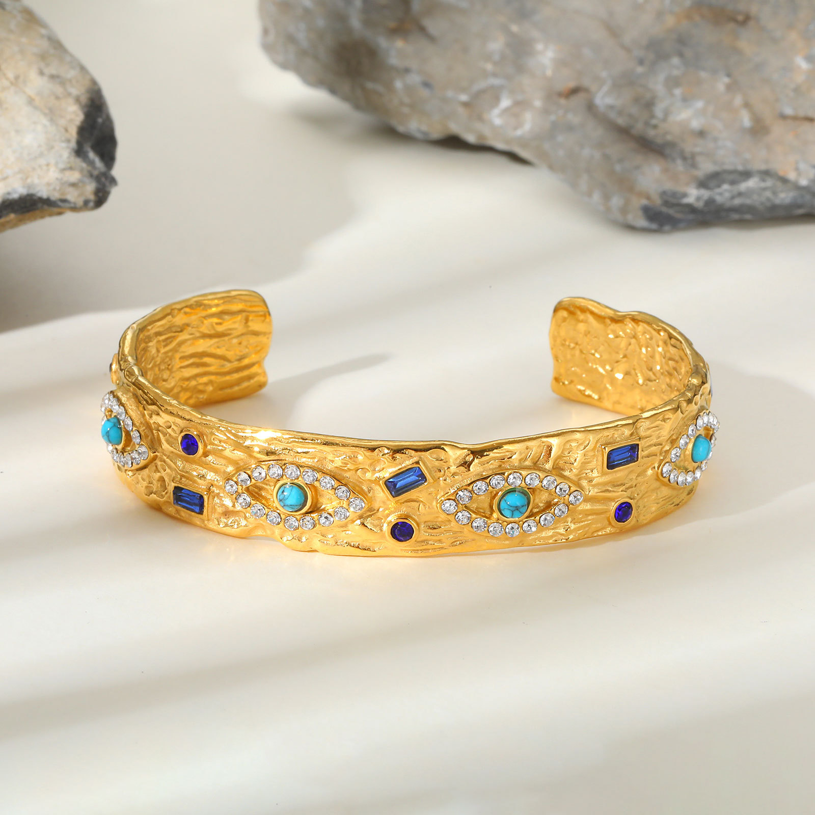 Stainless Steel Zircon Turquoise Eye Open Bracelet In Gold Color Fe9ebbe3 409a 41ed Ae3c 78002ffd0239