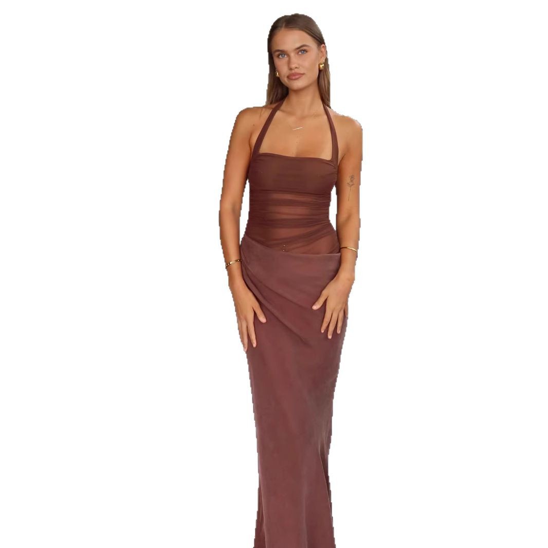 Hot Girl Sexy Mesh Stitching Halter Dress Women