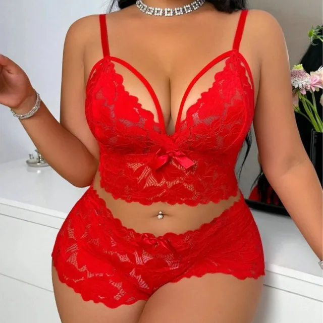 Plus Size Underwear Mesh Suit Lace See through Red - Shop at LoveMi