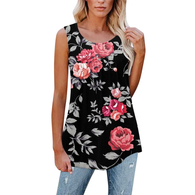 Flower Print Sleeveless Pleated Casual Loose Vest T shirt Women's Clothing Pattern 5 L - Shop at LoveMi