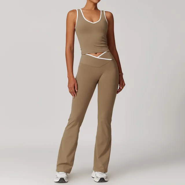 Cross High Top Sports Suit Female Fitness Yoga Wear Vest Pants Cocoa Brown - Shop at LoveMi