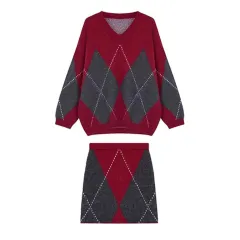 Fashionable Knitted A- Line Short Skirt Two-piece Set For Women - Red - View 1