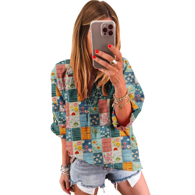 Women's European And American Printed Loose Chiffon Shirt Green - Shop at LoveMi