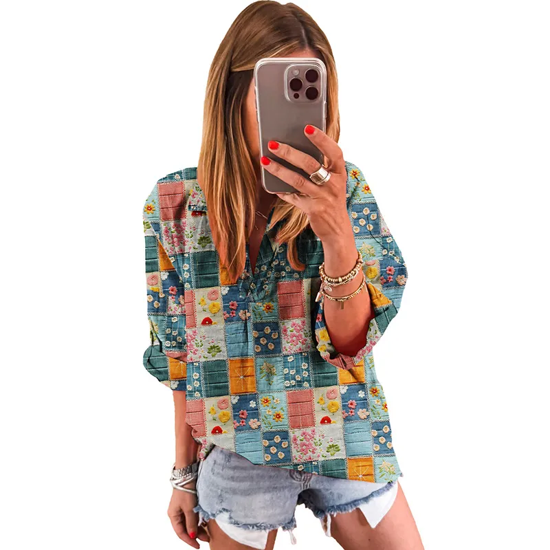 Women's European And American Printed Loose Chiffon Shirt - Green