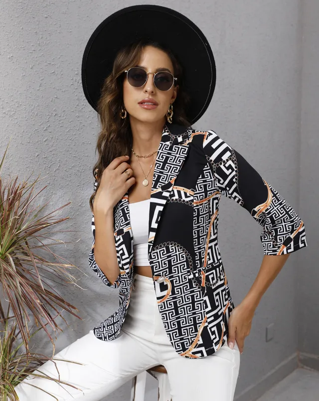 Women's Autumn Printing Lapel Jacket Black And White - Shop at LoveMi