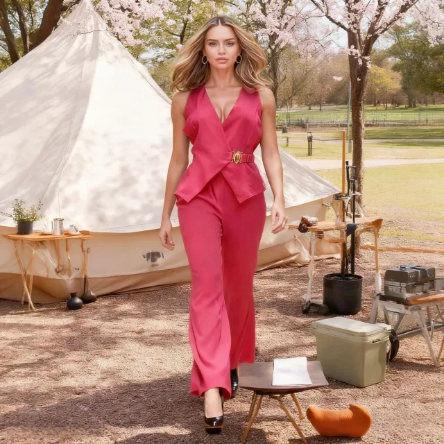 Casual style Metal buckle Belt Vest And Trousers Two piece Set Rose - Shop at LoveMi