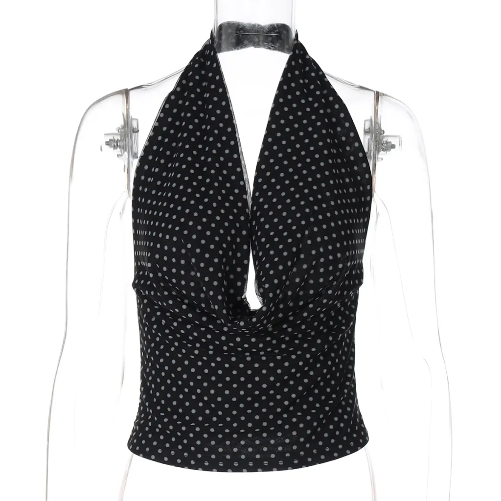 European And American Sexy Sleeveless Tight Halter Backless Polka Dot Vest - Black