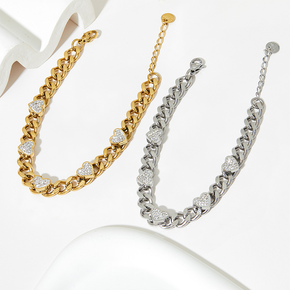 French Retro Stainless Steel Heart-shaped Zircon Bracelet