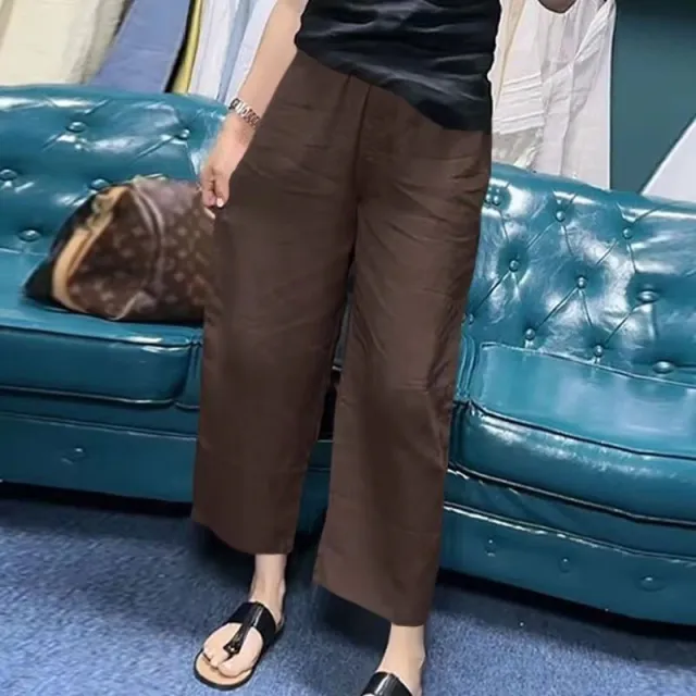 Women's Solid Color Linen Cropped Straight Casual Pants Brown - Shop at LoveMi