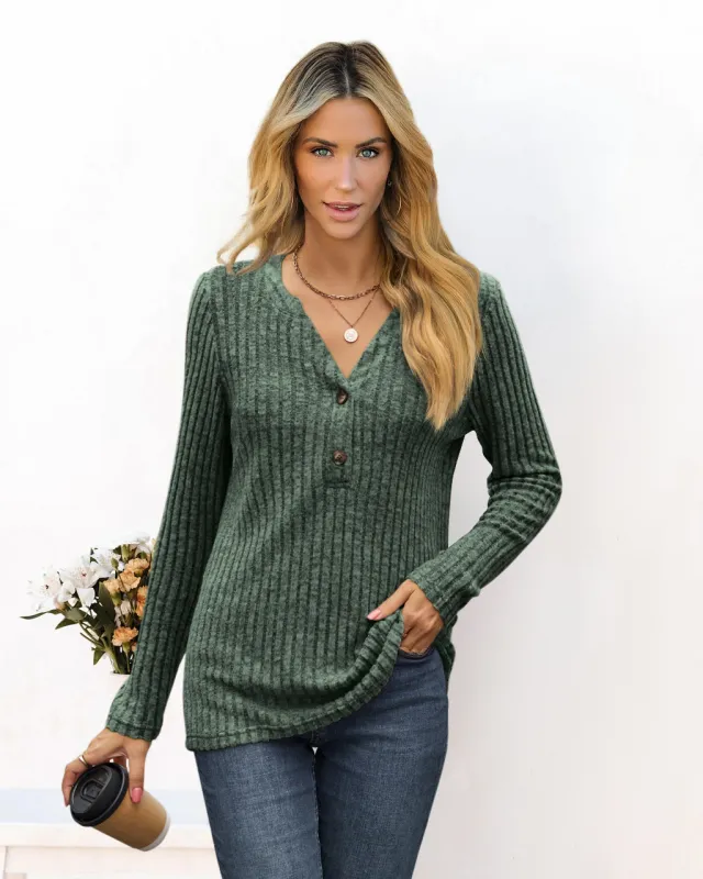 Solid Color And V neck Long Sleeve T shirt Green - Shop at LoveMi