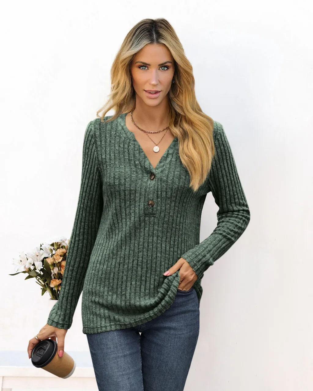 Solid Color And V-neck Long Sleeve T-shirt - Green
