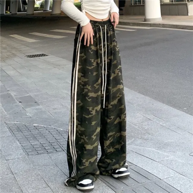 Striped Three bar Color block Camouflage Casual Draped Dance Sport Floor length Trousers Army Green - Shop at LoveMi