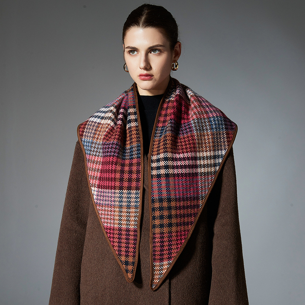 Autumn And Winter Wool Deerskin Color Plaid Houndstooth Triangle Shawl
