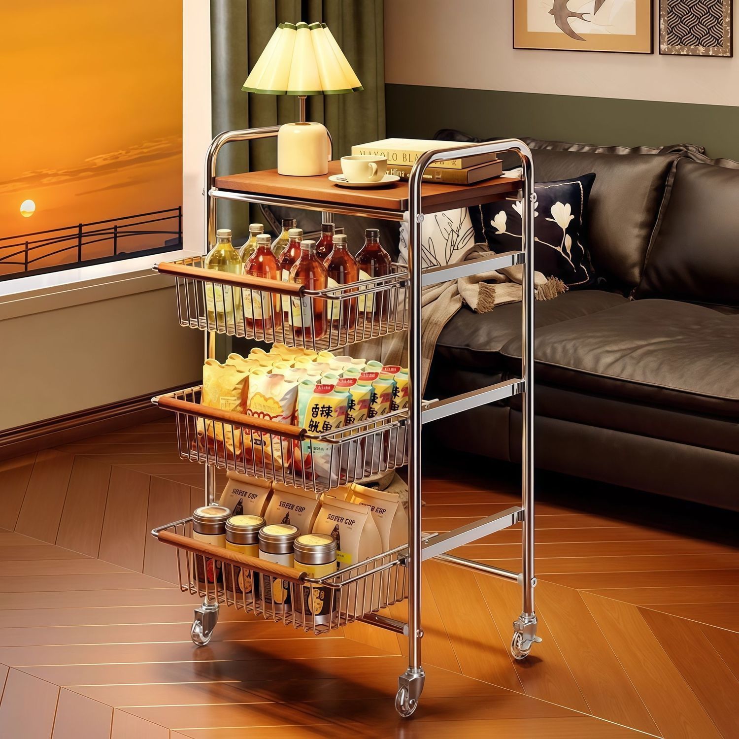 Multi-tier Pull-out Vegetable And Snack Basket Organizer With A Mobile Cart Frame