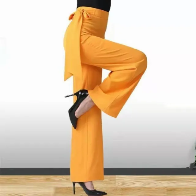 Ribbon Female Draping Effect Solid Color Straight leg Pants Yellow - Shop at LoveMi