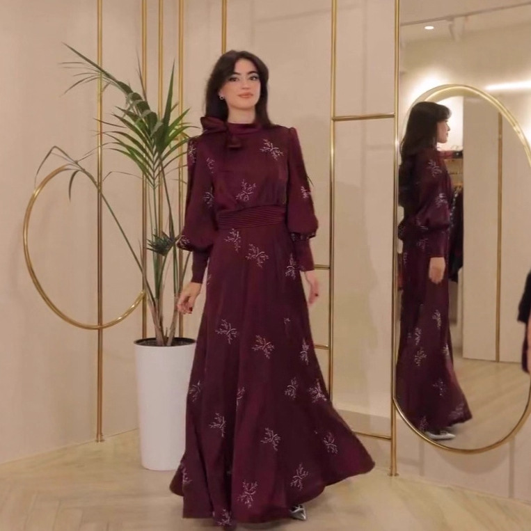 Retro Print Long-Sleeve Bow-Knot Dress