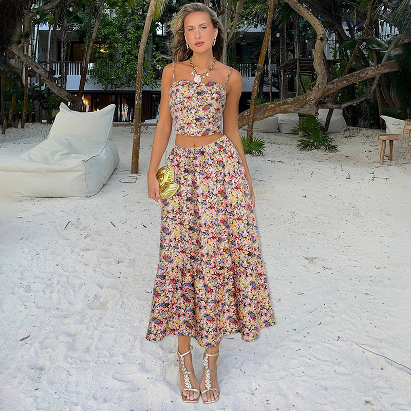 Sling Midriff Outfit Floral Top Dress Suit