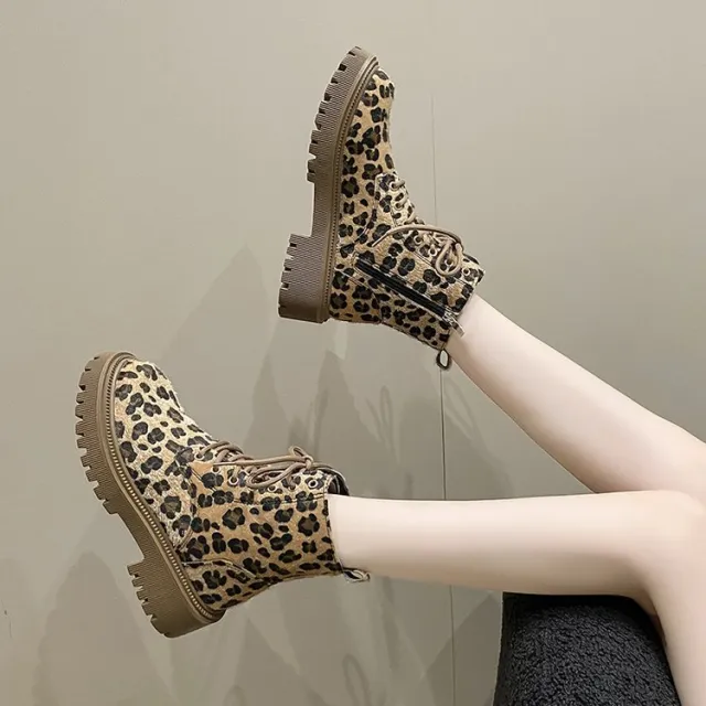 Plus Size Martin Boots Thick Bottom Leopard Print Lace up Leopard - Shop at LoveMi