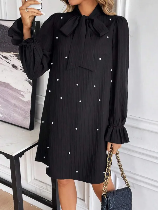 Women's Lace up Bead Long Sleeve Solid Color Loose Dress Black - Shop at LoveMi